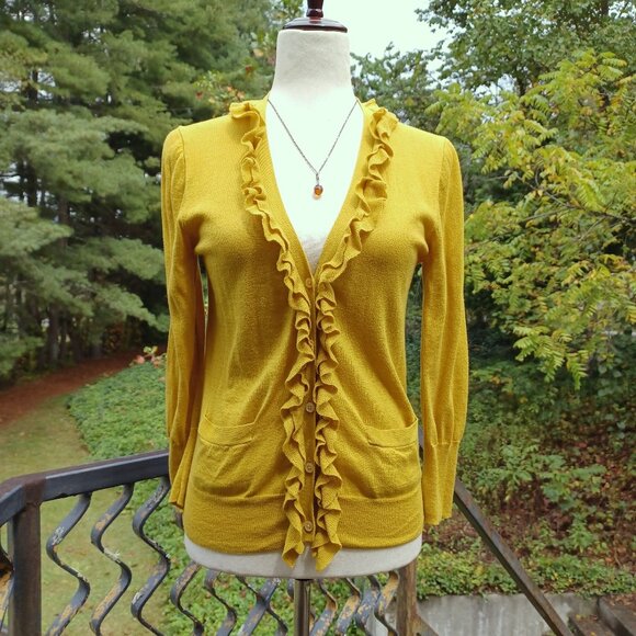 J. Crew Ruffled Cardigan, Fall 2010, Chartreuse/Bright Mustard, Small - Picture 1 of 7
